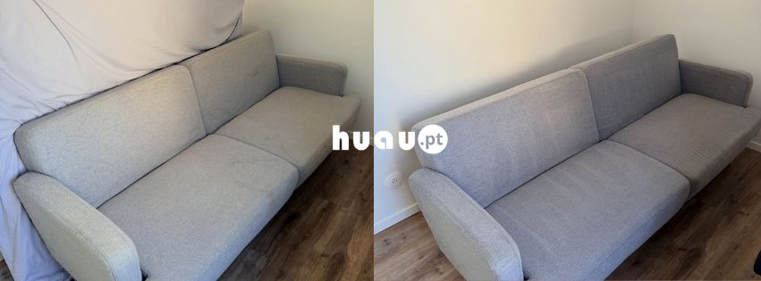 Antes e depois de limpeza profissional de sofá ao domicílio pela Huau em Coimbra e Leiria