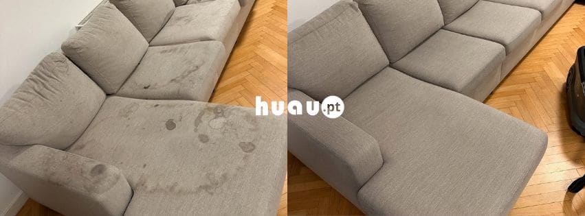 Antes e depois de limpeza profissional de sofá pela Huau