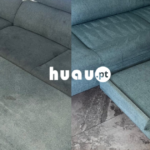 Antes e depois da limpeza de um sofá de canto encardido em tecido azul acinzentado, ao domicílio em Coimbra e Leiria pela Huau