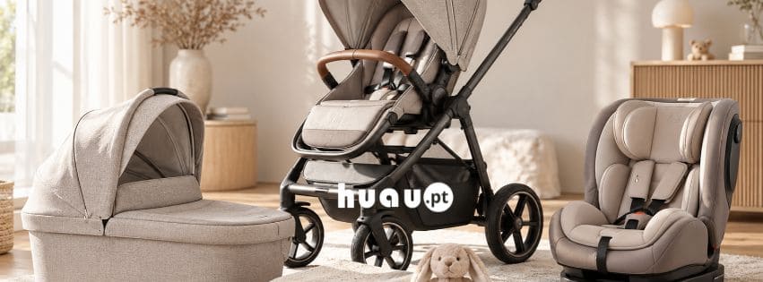 Alcofa, carrinho de bebé e cadeira auto em tecido bege, artigos incluídos na limpeza de artigos de bebé ao domicílio da Huau® em Coimbra e Leiria